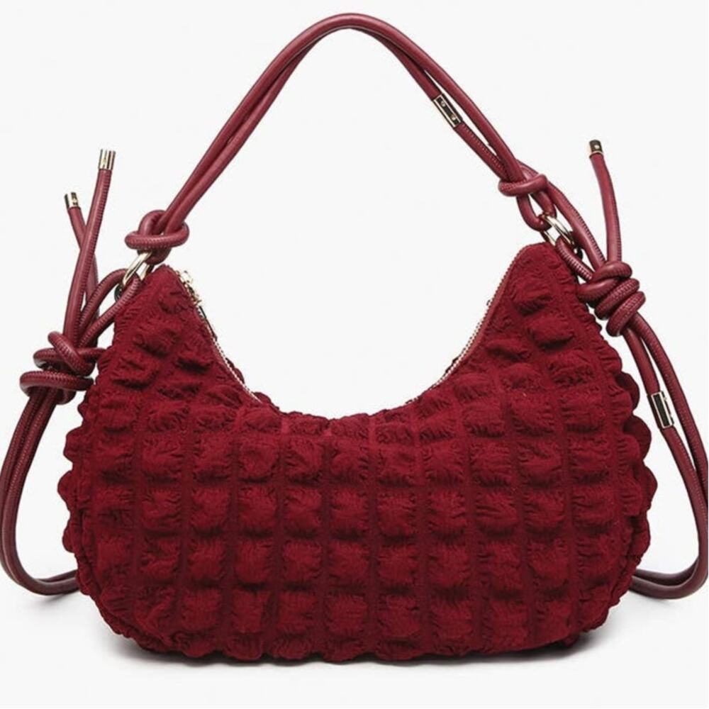 Nelly Quilted Puffy Shoulder Crossbody Bag with Knotted Strap Wine